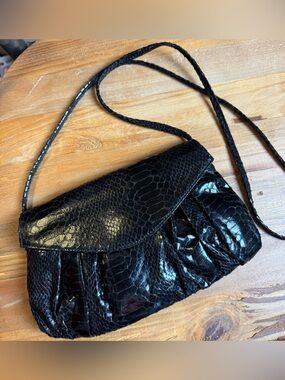 Carlos Falchi Fatte a Mano Black Snakeskin Leather Mini Poof Shoulder Bag